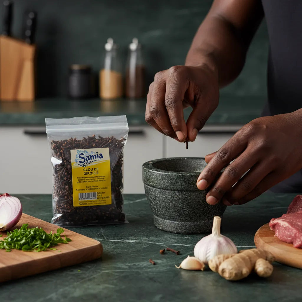 Préparation culinaire avec clous de girofle SAMIA, utilisés dans un mortier pour libérer leur arôme puissant et authentique.