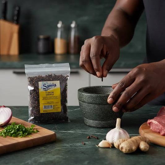 Préparation culinaire avec clous de girofle SAMIA, utilisés dans un mortier pour libérer leur arôme puissant et authentique.