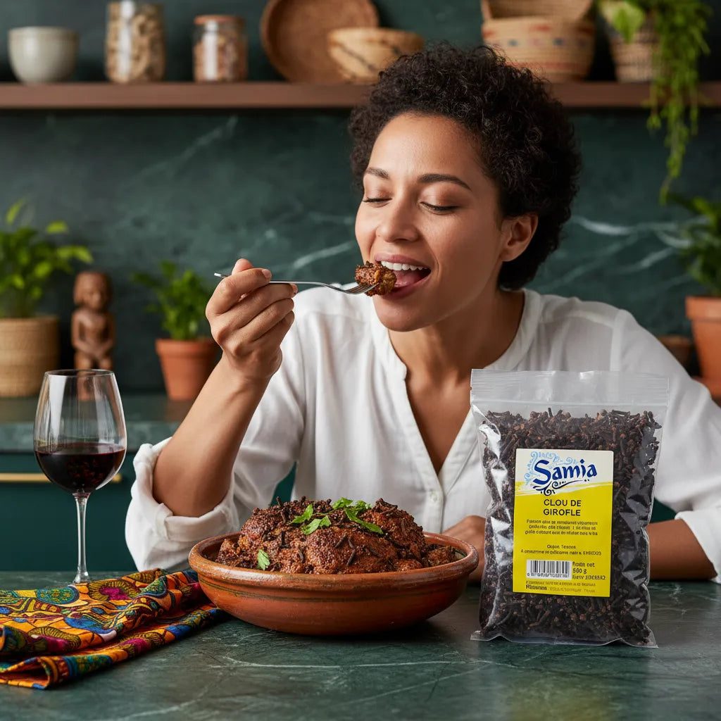Femme dégustant un plat épicé avec clous de girofle SAMIA, épicerie salée pour rehausser les saveurs culinaires exotiques.