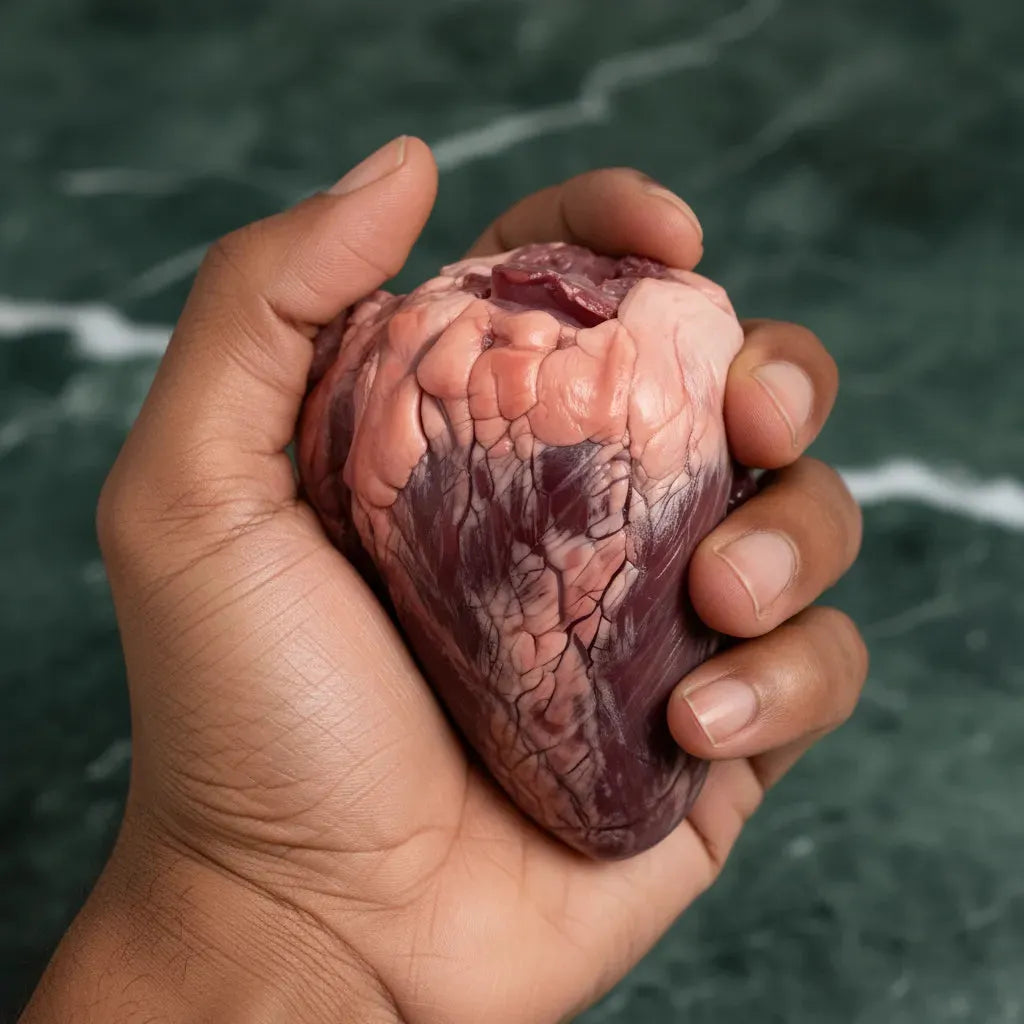 Cœur de bœuf coupé - Cœur de bœuf en cube tenu dans une main, montrant sa texture fraîche et sa qualité pour une découpe uniforme.