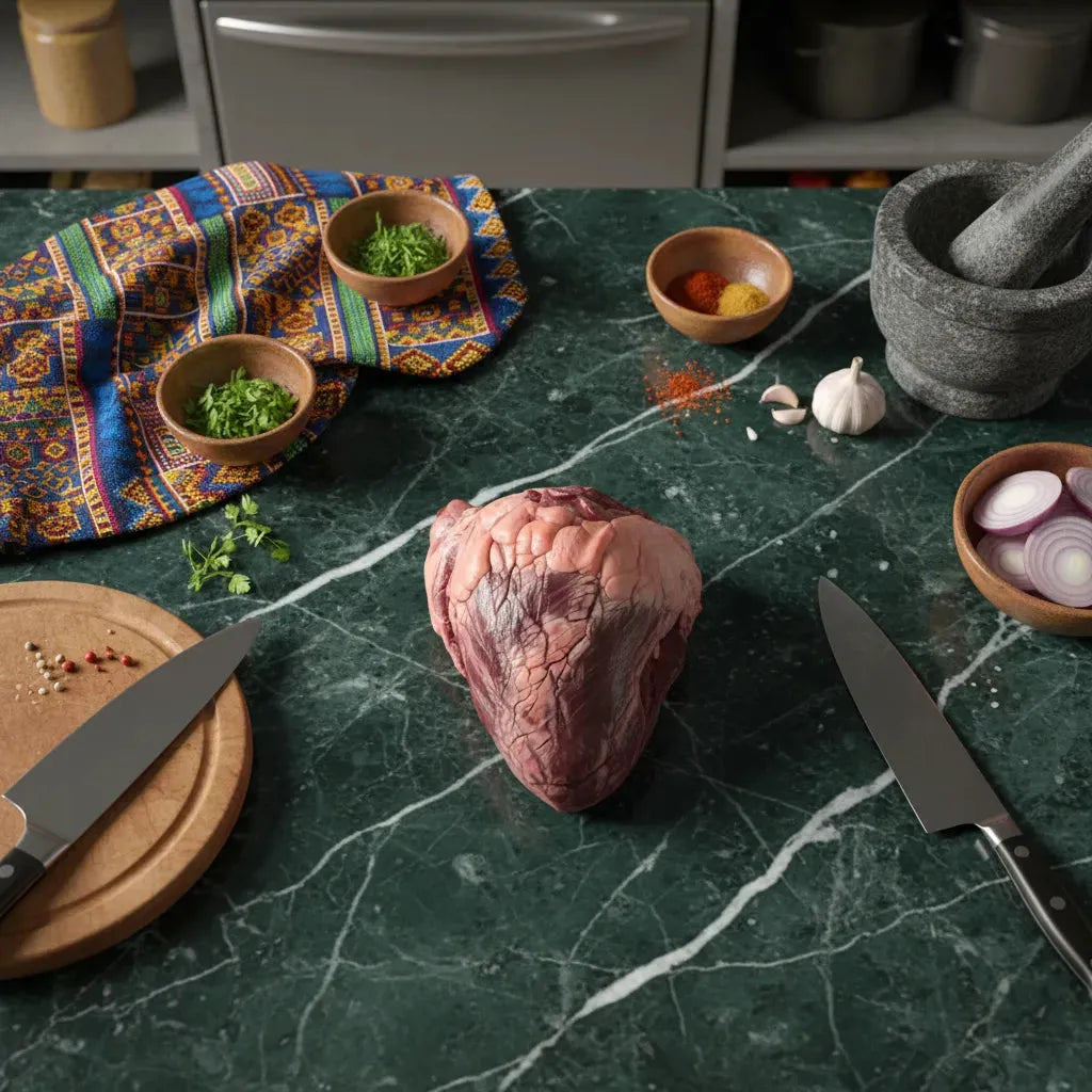 Cœur de bœuf coupé - Cœur de bœuf en cube posé sur plan de travail de cuisine, entouré d'ingrédients frais pour préparation culinaire.