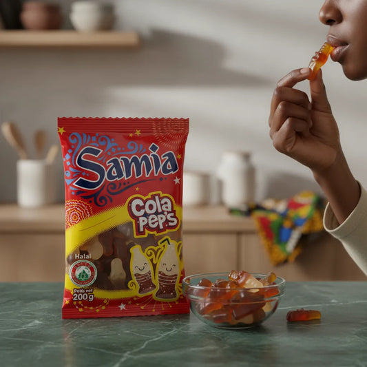 Bonbons Cola Pep's Halal - Saveur Cola | SAMIA dégustés par une personne, bonbons gélifiés halal au goût cola dans un cadre convivial.