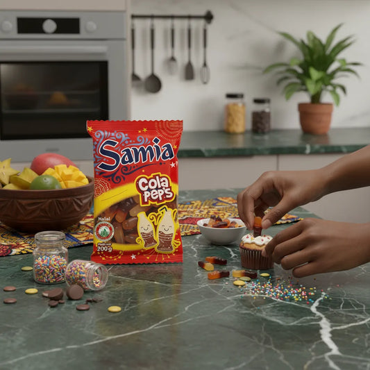 Bonbons Cola Pep's Halal - Saveur Cola | SAMIA utilisés pour décorer des cupcakes dans une cuisine moderne, ambiance gourmande et créative.