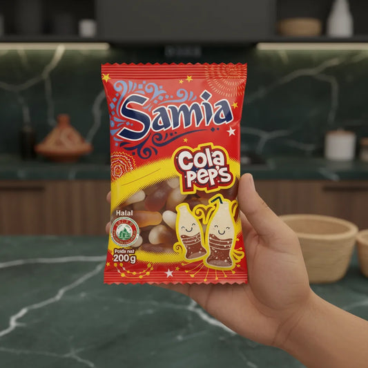 Bonbons Cola Pep's Halal - Saveur Cola | SAMIA tenus en main, sachet de 200g présenté dans une cuisine moderne, idéal pour l'épicerie sucrée.