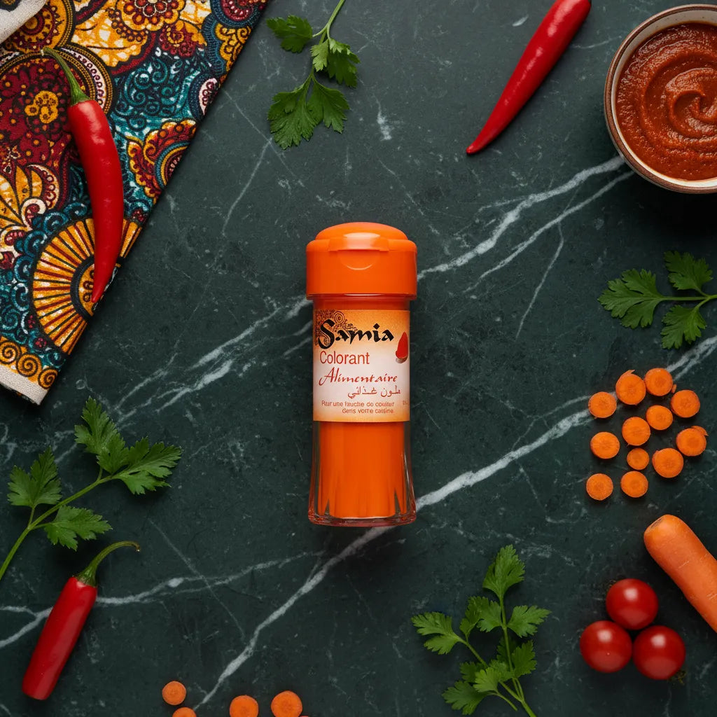 Colorant alimentaire SAMIA posé sur un plan de travail avec légumes et épices. Parfait pour recettes salées et colorées en cuisine.