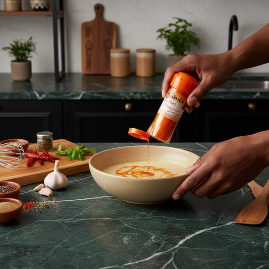 Utilisation du colorant alimentaire liquide SAMIA dans une soupe maison. Flacon pratique pour dosage précis en cuisine salée.