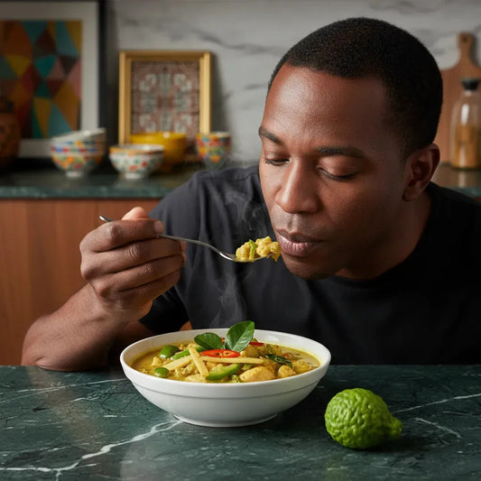 Homme dégustant un plat parfumé au combava frais. Ce fruit rehausse les plats avec son arôme unique et sa fraîcheur citronnée.