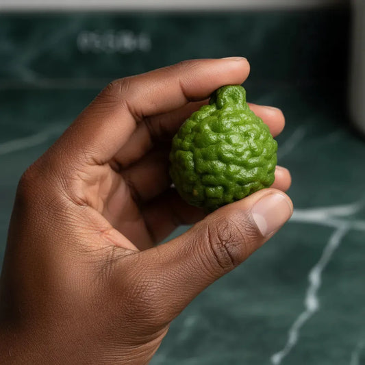 Main tenant un combava frais, petit fruit vert à peau rugueuse. Ingrédient polyvalent pour cuisine exotique et préparations parfumées.