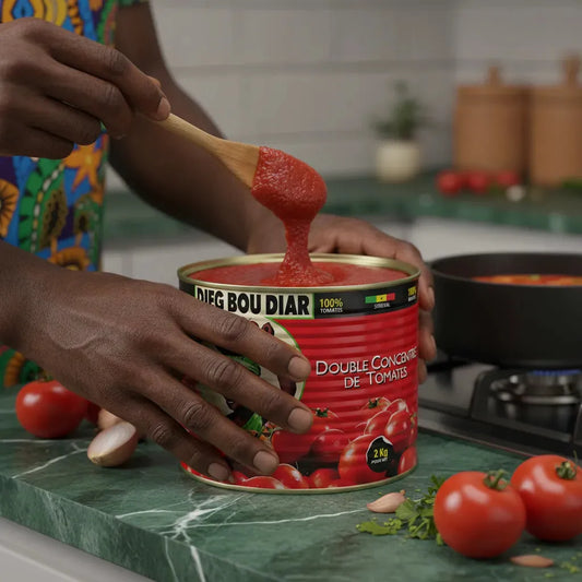 Utilisation du concentré de tomate DIEG BOU DIAR en cuisine, texture dense et riche, parfait pour sauces et plats traditionnels.