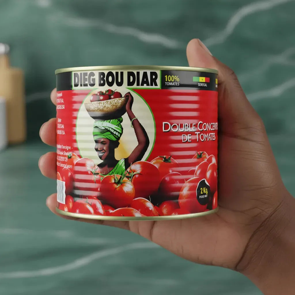Main tenant une boîte de concentré de tomate DIEG BOU DIAR 2 kg, produit pratique et authentique pour enrichir vos recettes maison.