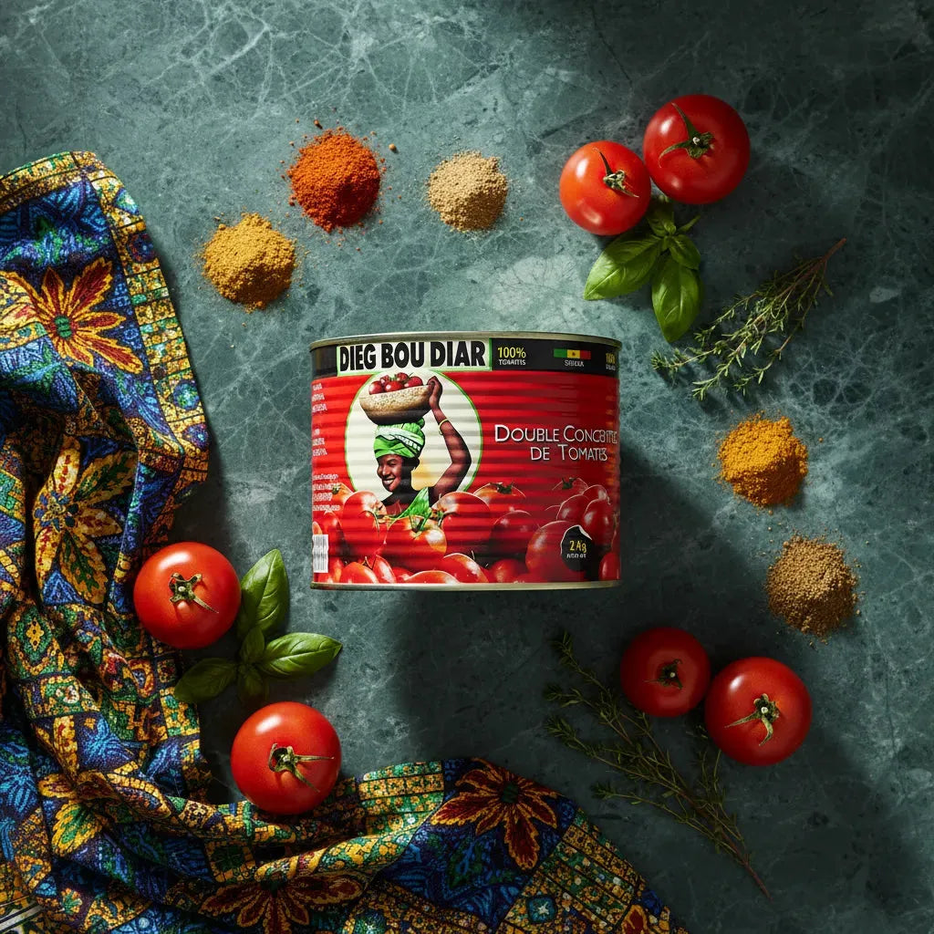 Concentré de tomate DIEG BOU DIAR entouré d'épices et tomates fraîches sur fond de marbre, parfait pour recettes savoureuses et épicées.