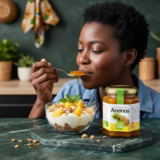Femme dégustant un yaourt au granola garni de confiture ananas RACINES BIO. Confiture bio idéale pour collations saines et petit-déjeuner.
