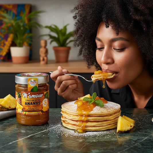 Femme dégustant des pancakes nappés de confiture d'ananas M'AMOUR, moment gourmand mettant en valeur ce produit d'épicerie sucrée exotique.