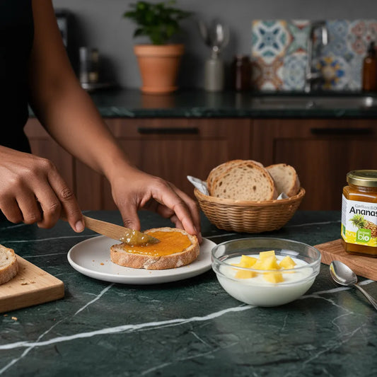 Tartine de pain complet tartinée de confiture ananas RACINES BIO. Produit d'épicerie sucrée idéal pour un petit-déjeuner équilibré.