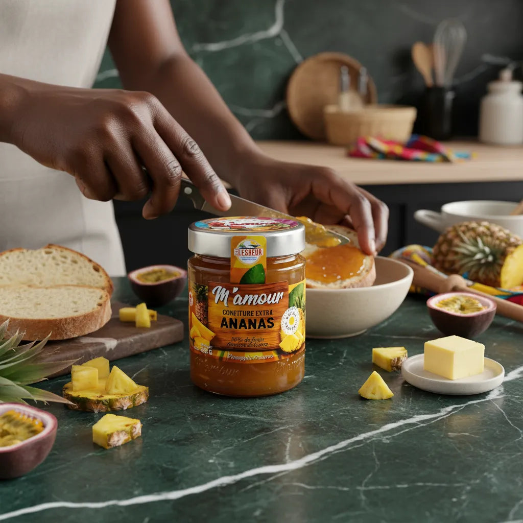 Petit-déjeuner avec confiture d'ananas M'AMOUR tartinée sur du pain, ambiance chaleureuse et gourmande, produit d'épicerie sucrée artisanal.