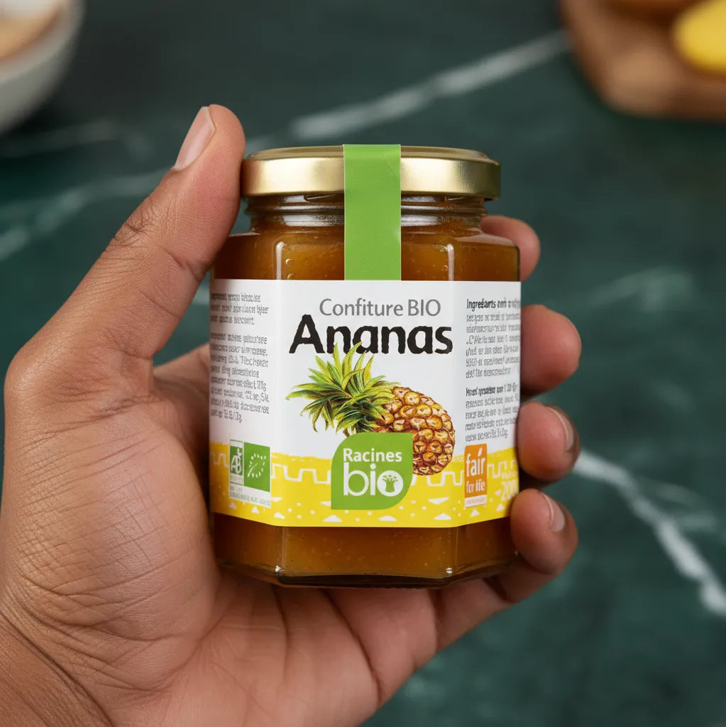 Main tenant un pot de confiture ananas RACINES BIO. Produit d'épicerie sucrée certifié bio, parfait pour tartines et desserts fruités.