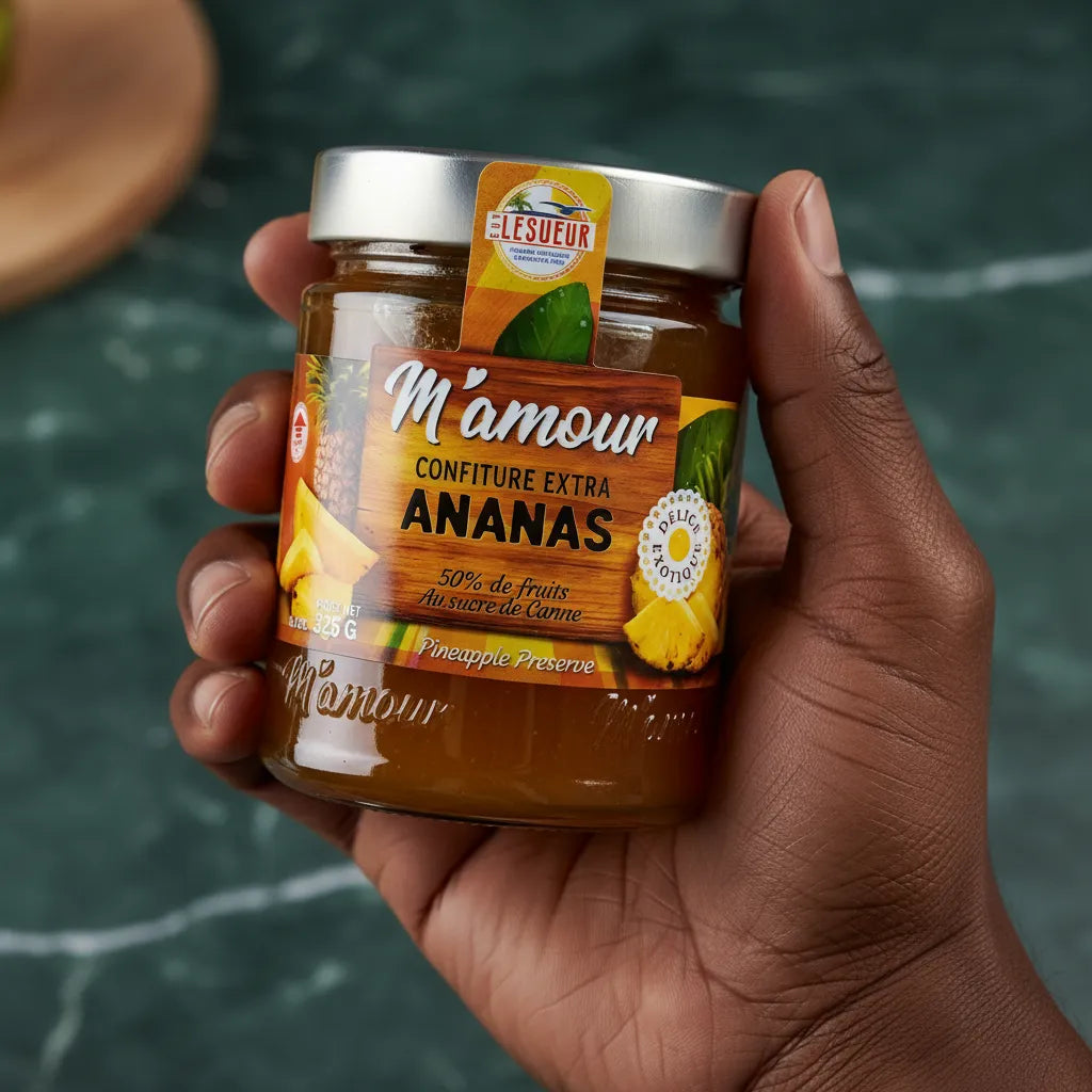 Main tenant un pot de confiture d'ananas M'AMOUR, étiquette visible avec mention 50% de fruits, parfait pour les amateurs de douceurs tropicales.
