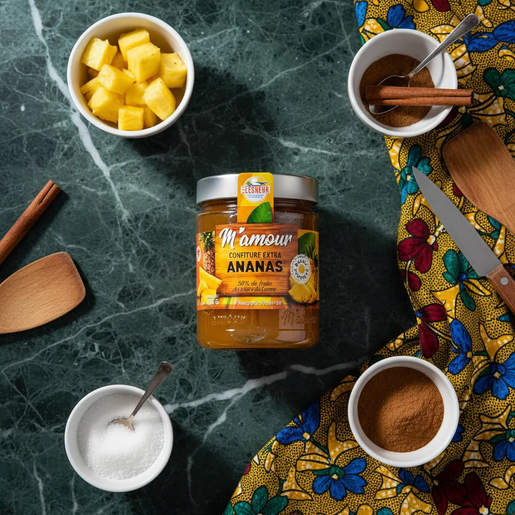 Pot de confiture d'ananas M'AMOUR entouré d'ingrédients naturels comme ananas, sucre et cannelle, illustrant la saveur authentique maison.
