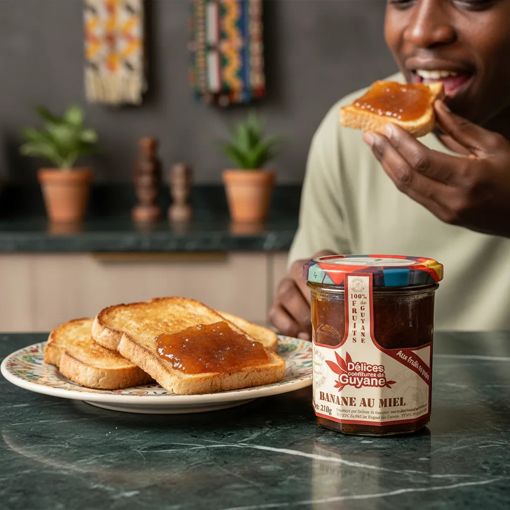 Confiture Banane Miel Guyane tartinée sur pain grillé, dégustée au petit-déjeuner, idéale pour crêpes et desserts exotiques.
