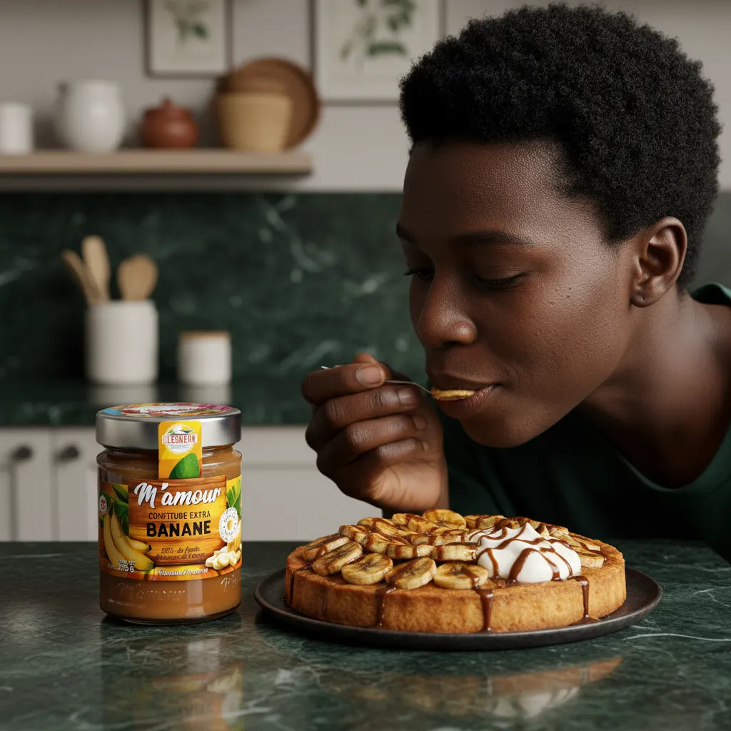 Femme dégustant une gaufre garnie de confiture banane M'AMOUR, confiture naturelle idéale pour desserts maison.