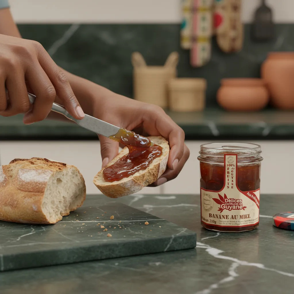 Confiture Banane Miel Guyane étalée sur pain frais, texture onctueuse et goût sucré, parfaite pour l'épicerie sucrée artisanale.