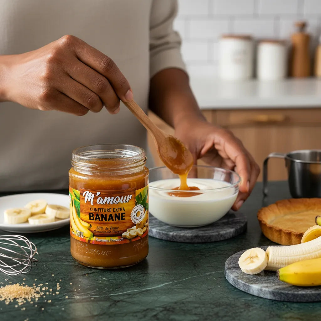 Confiture Banane M'AMOUR versée dans un yaourt, mise en scène gourmande dans une cuisine moderne avec fruits frais.