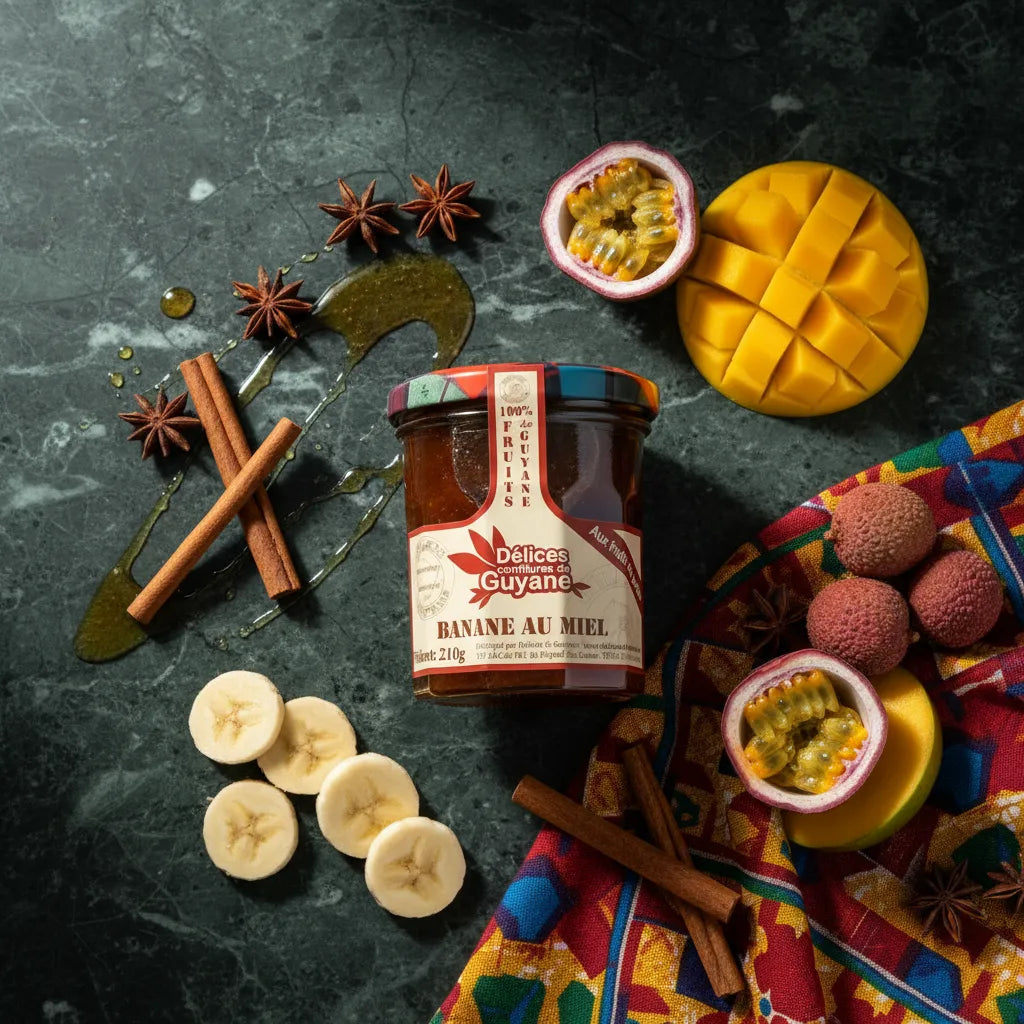 Confiture Banane Miel Guyane entourée de fruits exotiques et épices, idéale pour tartines, desserts et recettes sucrées créoles.