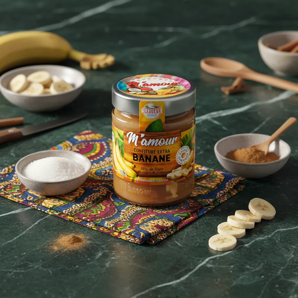 Pot de confiture M'AMOUR sur tissu coloré avec ingrédients frais, confiture banane naturelle pour épicerie sucrée.