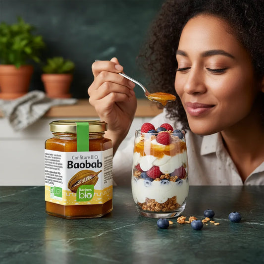 Femme dégustant un yaourt aux fruits avec confiture baobab RACINES BIO, confiture sucrée et nutritive pour petit-déjeuner sain.