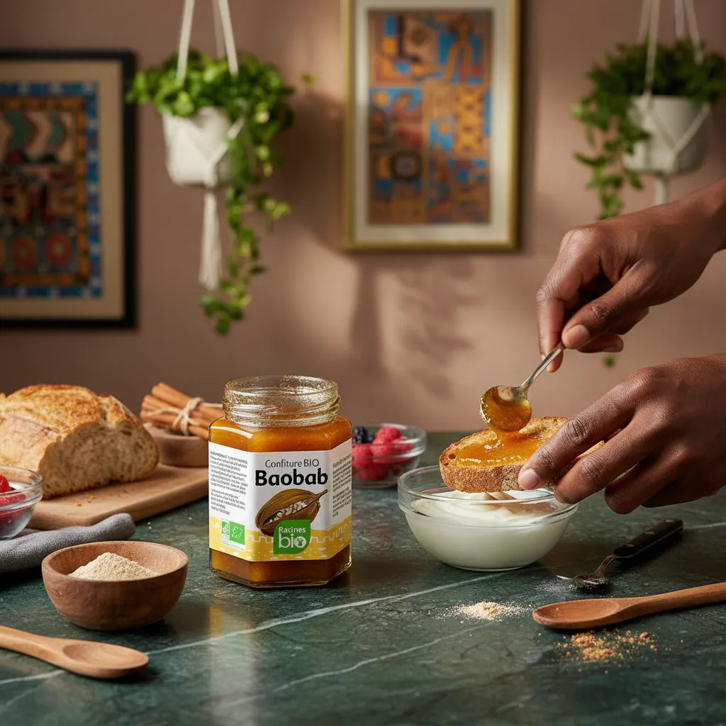 Tartine au yaourt nappée de confiture baobab RACINES BIO, produit d'épicerie sucrée parfait pour petit-déjeuner équilibré.