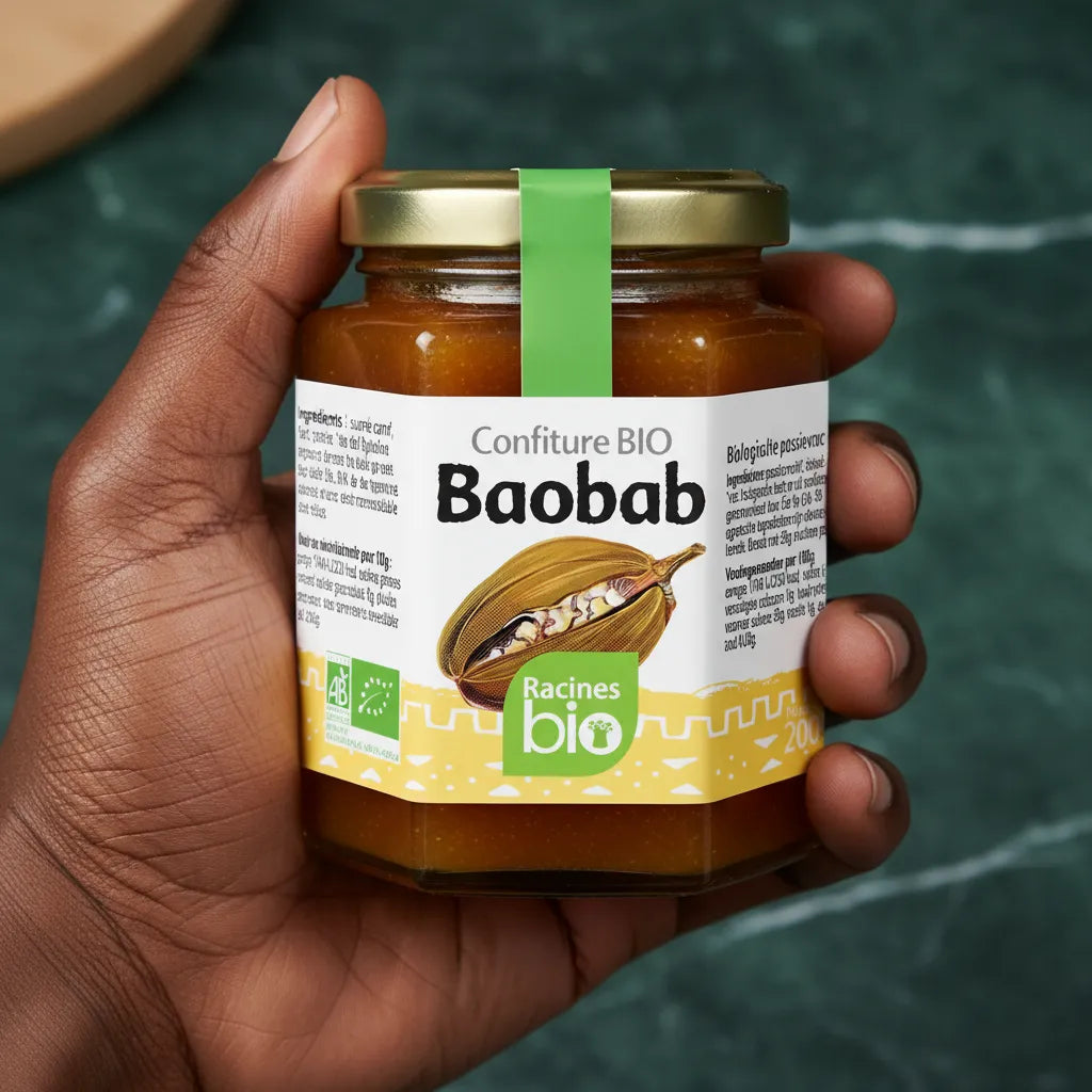Main tenant un pot de confiture baobab RACINES BIO, produit bio sucré au goût unique, riche en nutriments naturels.