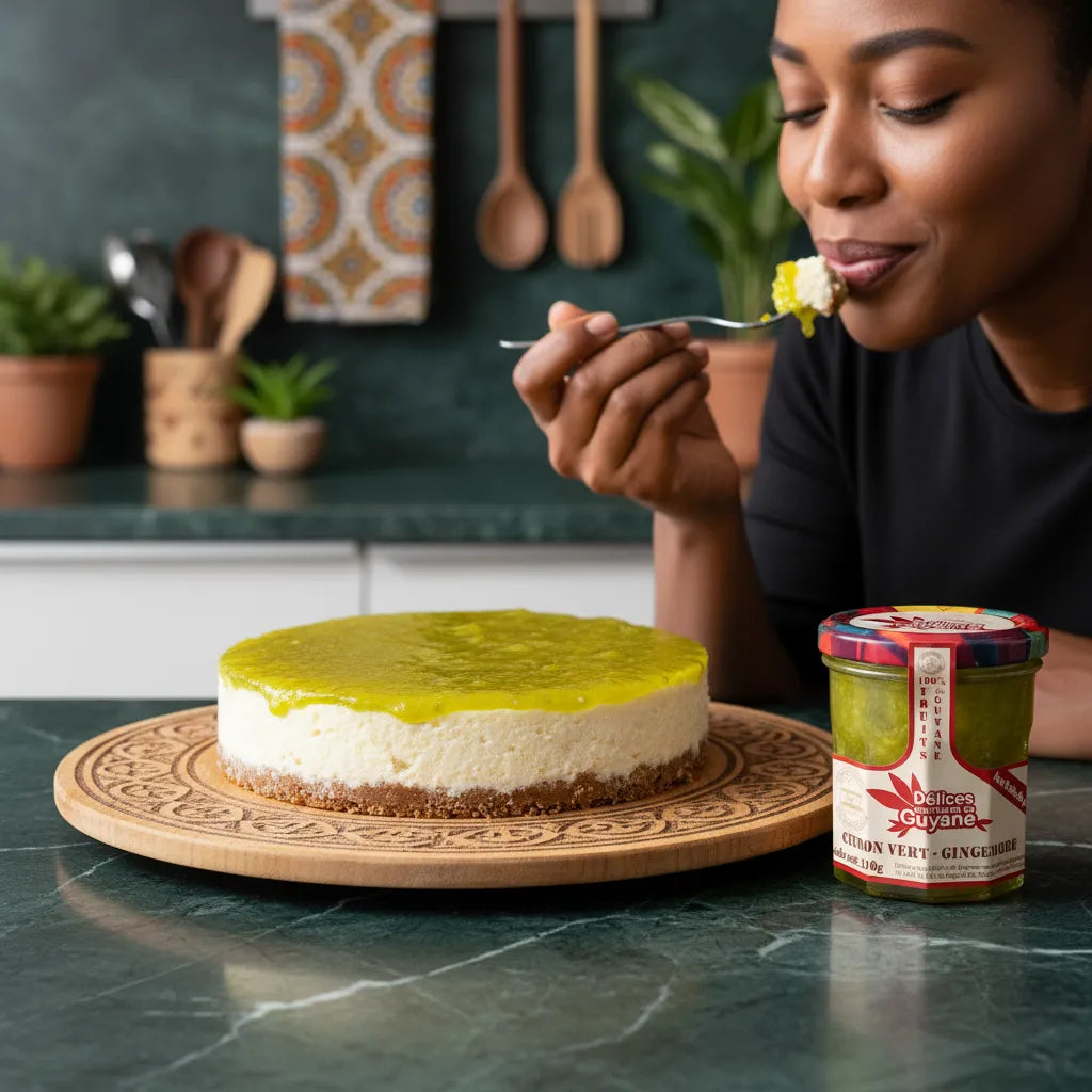Cheesecake nappé de confiture citron vert gingembre DÉLICES DE GUYANE, saveurs tropicales et texture onctueuse pour desserts gourmands.