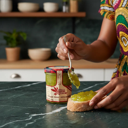Tartine garnie de confiture citron vert gingembre DÉLICES DE GUYANE, parfaite pour un petit-déjeuner exotique en épicerie sucrée.
