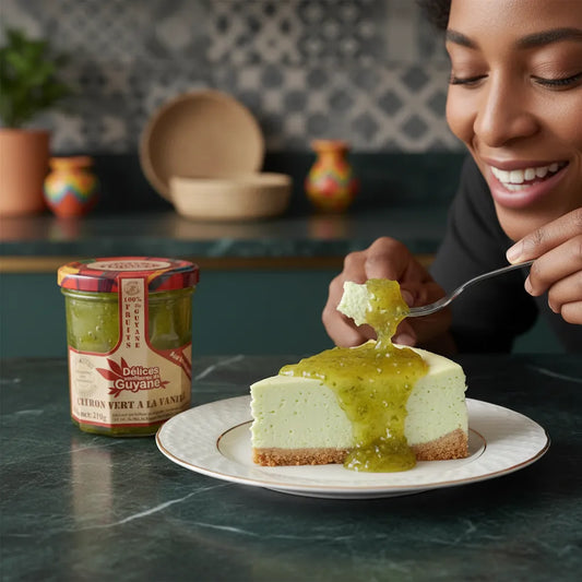 Cheesecake nappé de confiture Citron Vert Vanille DÉLICES DE GUYANE, dégusté avec plaisir, pot visible en arrière-plan sur table de cuisine.