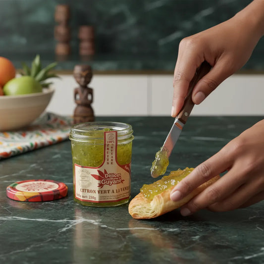 Tartine de viennoiserie beurrée avec confiture Citron Vert Vanille DÉLICES DE GUYANE, pot ouvert sur table en marbre vert foncé.