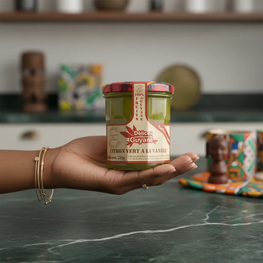 Pot de confiture Citron Vert Vanille DÉLICES DE GUYANE tenu dans une main, présenté en gros plan sur fond de cuisine moderne.