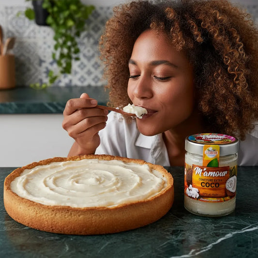 Femme dégustant une tarte garnie de confiture de coco M'AMOUR, confiture sucrée à la noix de coco au goût exotique unique.