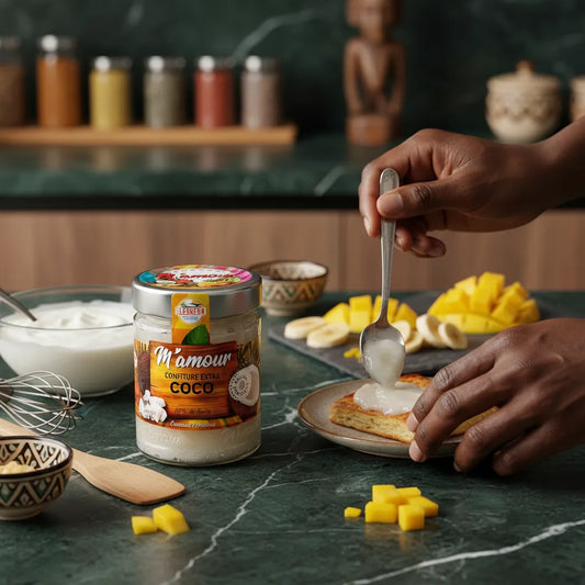 Confiture de coco M'AMOUR servie sur une crêpe avec fruits tropicaux, confiture onctueuse à la noix de coco pour petit-déjeuner gourmand.