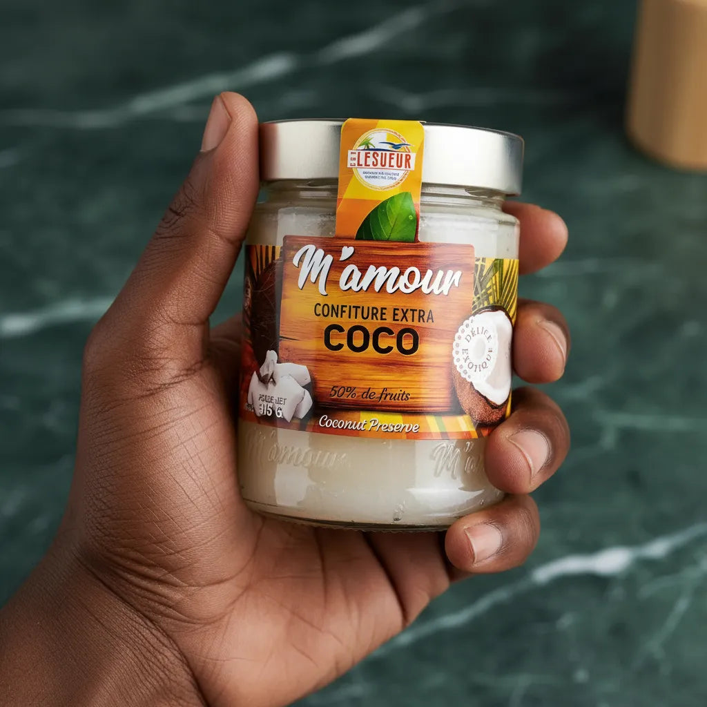 Main tenant un pot de confiture de coco M'AMOUR, confiture extra à la noix de coco avec 50% de fruits, idéale pour les desserts.