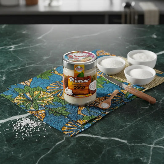 Pot de confiture de coco M'AMOUR posé sur une nappe colorée avec ingrédients sucrés, parfait pour l'épicerie sucrée exotique.