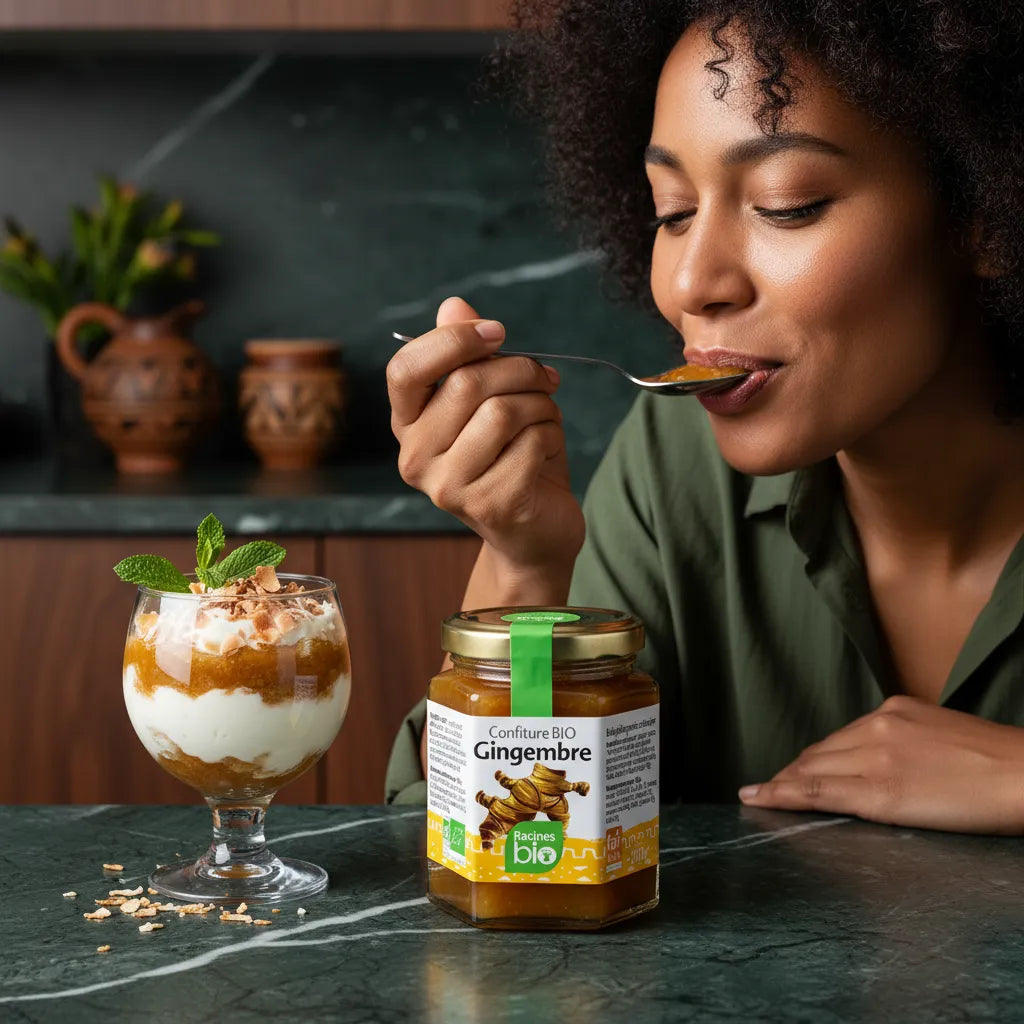 Femme dégustant la confiture gingembre Racines Bio avec un dessert au yaourt, produit artisanal d'épicerie sucrée au goût épicé et naturel.