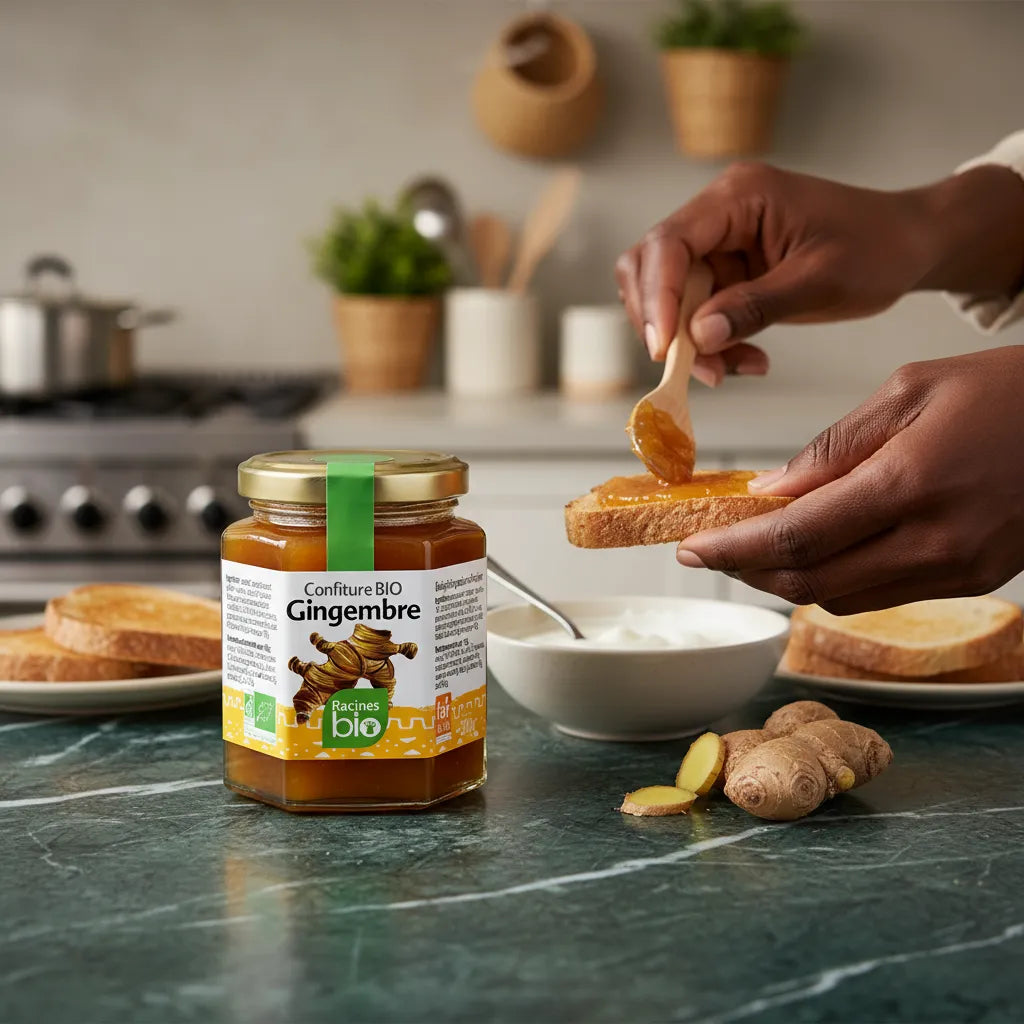 Tartine de pain avec confiture gingembre Racines Bio étalée, dans une cuisine moderne, produit bio idéal pour le petit-déjeuner.