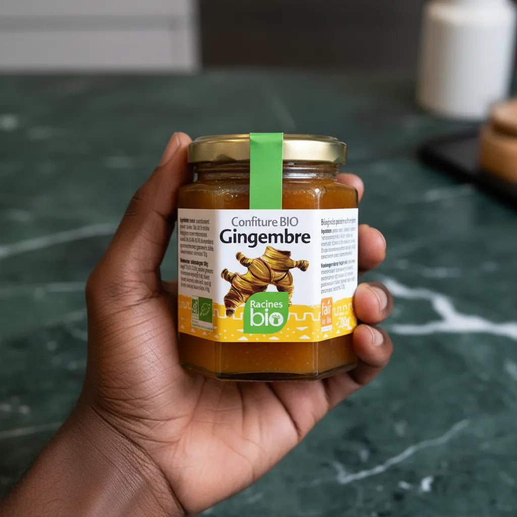 Main tenant un pot de confiture gingembre Racines Bio, produit d'épicerie sucrée artisanale au goût intense et texture onctueuse.