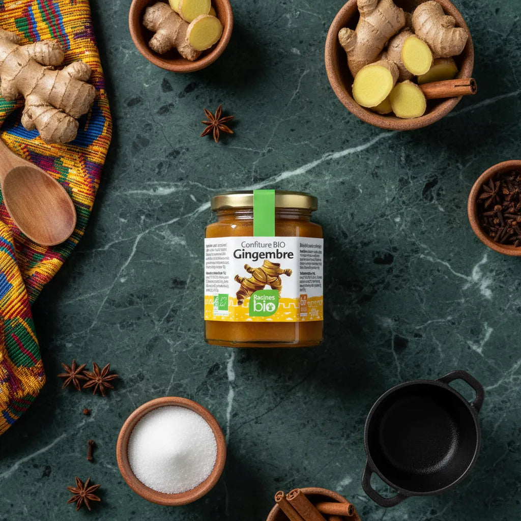Confiture gingembre Racines Bio entourée d'ingrédients naturels comme gingembre frais, sucre, clous de girofle, sur fond vert marbré.