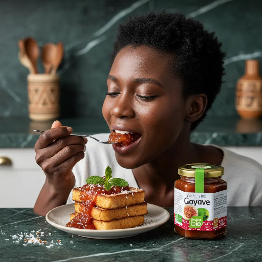 Femme dégustant des gaufres nappées de confiture goyave RACINES BIO, idéale pour le petit-déjeuner ou dessert bio et savoureux.