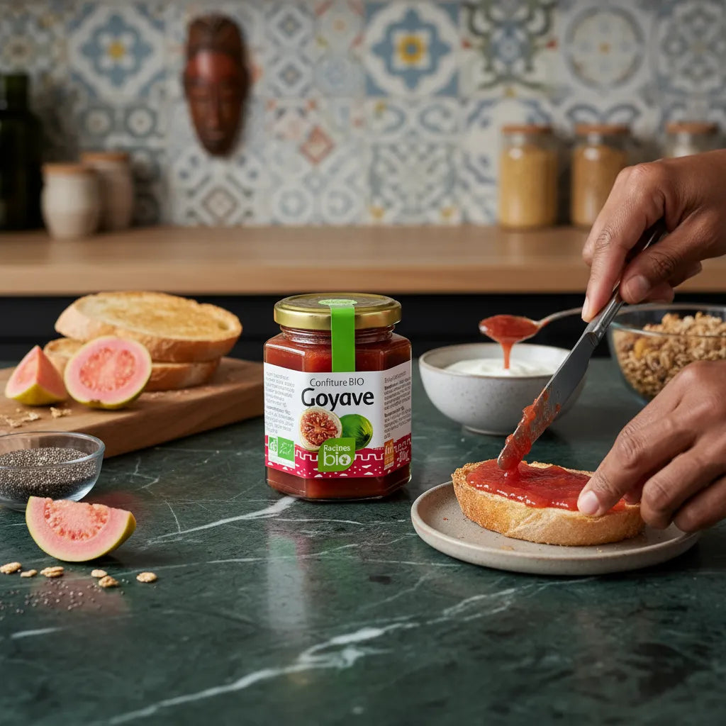Tartine de pain grillé avec confiture goyave RACINES BIO étalée, parfaite pour un petit-déjeuner sain et gourmand en épicerie sucrée.