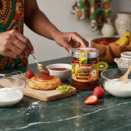Main étalant la confiture de goyave M'AMOUR sur une viennoiserie, entourée de fruits frais et ustensiles, usage gourmand du produit sucré.