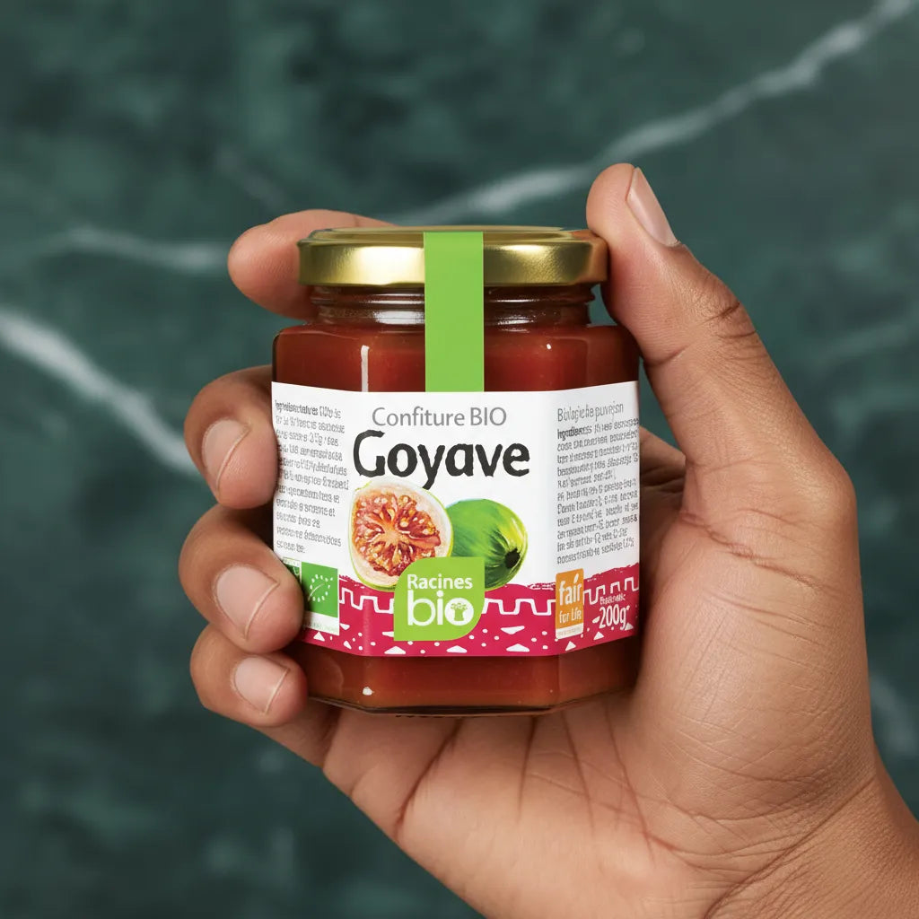 Main tenant un pot de confiture goyave RACINES BIO, mettant en avant son format pratique et sa composition bio pour usage quotidien.