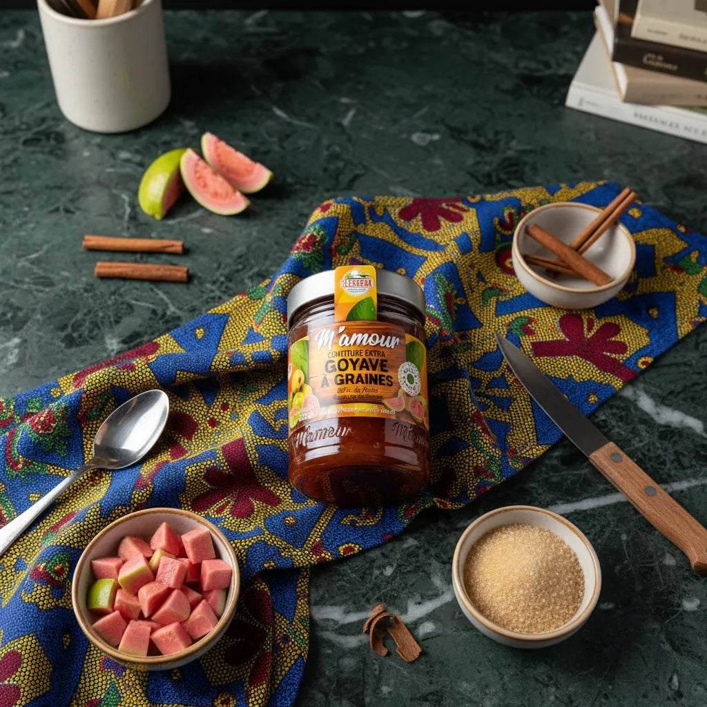 Pot de confiture de goyave M'AMOUR posé sur un tissu coloré avec morceaux de goyave, sucre roux et cannelle, ambiance épicerie sucrée authentique.