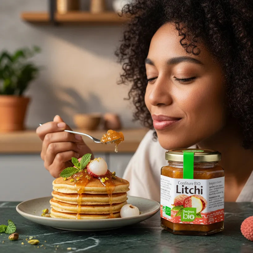 Femme dégustant des pancakes nappés de confiture Litchi RACINES BIO, accompagnés de litchis frais, scène gourmande et naturelle.